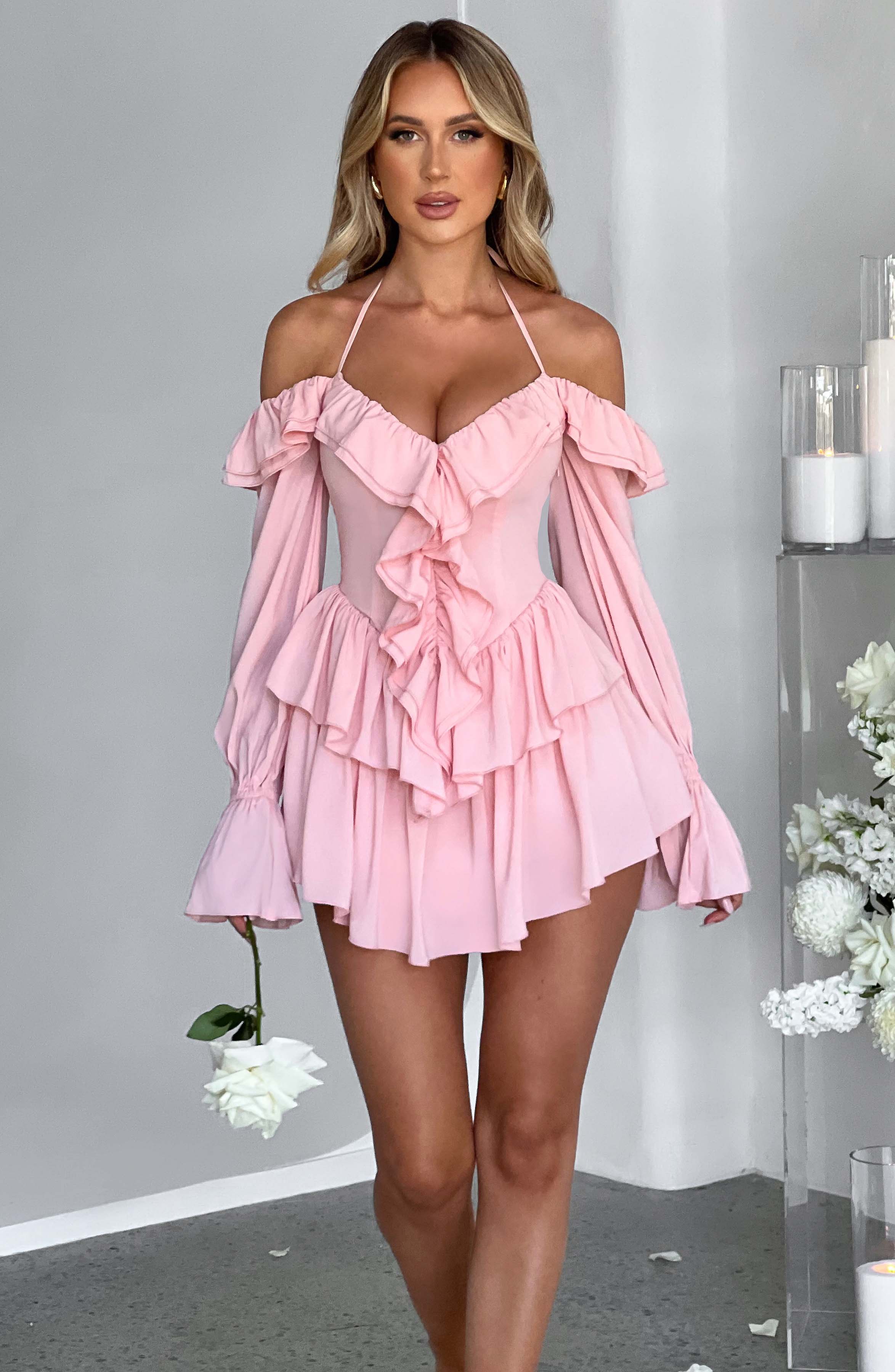 LYON OFF SHOULDER RUFFLE MINI DRESS - Pink