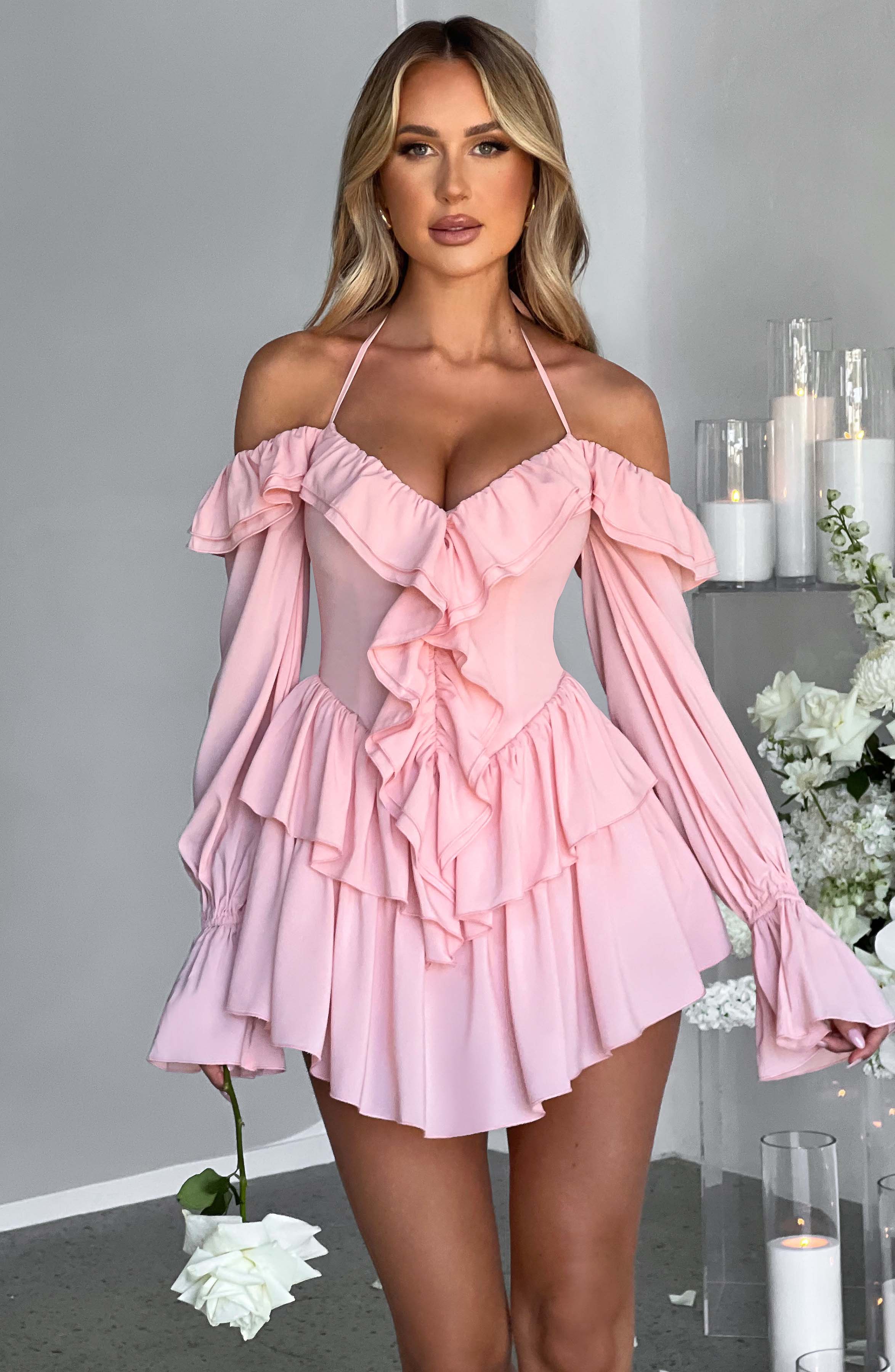 LYON OFF SHOULDER RUFFLE MINI DRESS - Pink