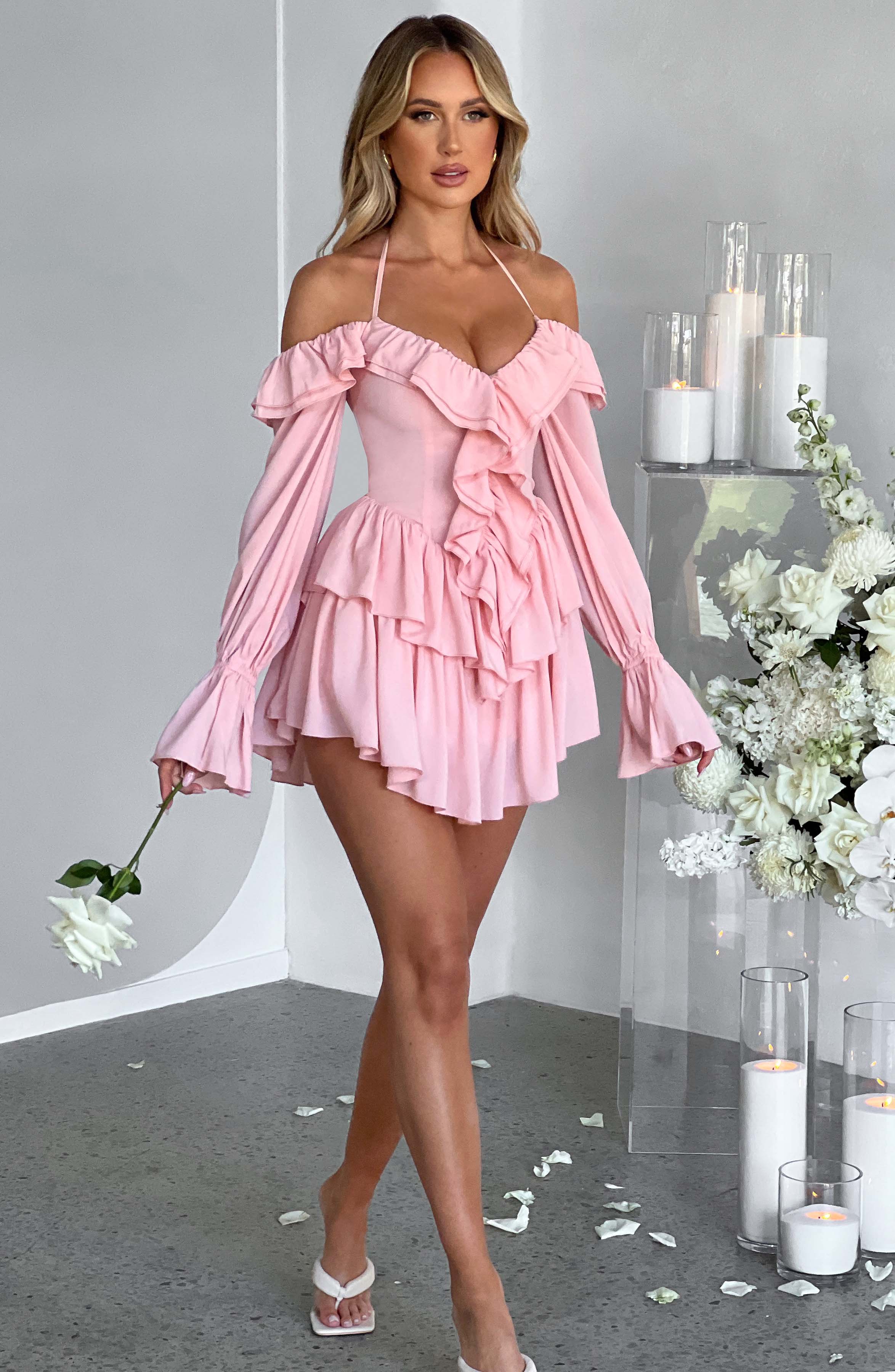 LYON OFF SHOULDER RUFFLE MINI DRESS - Pink