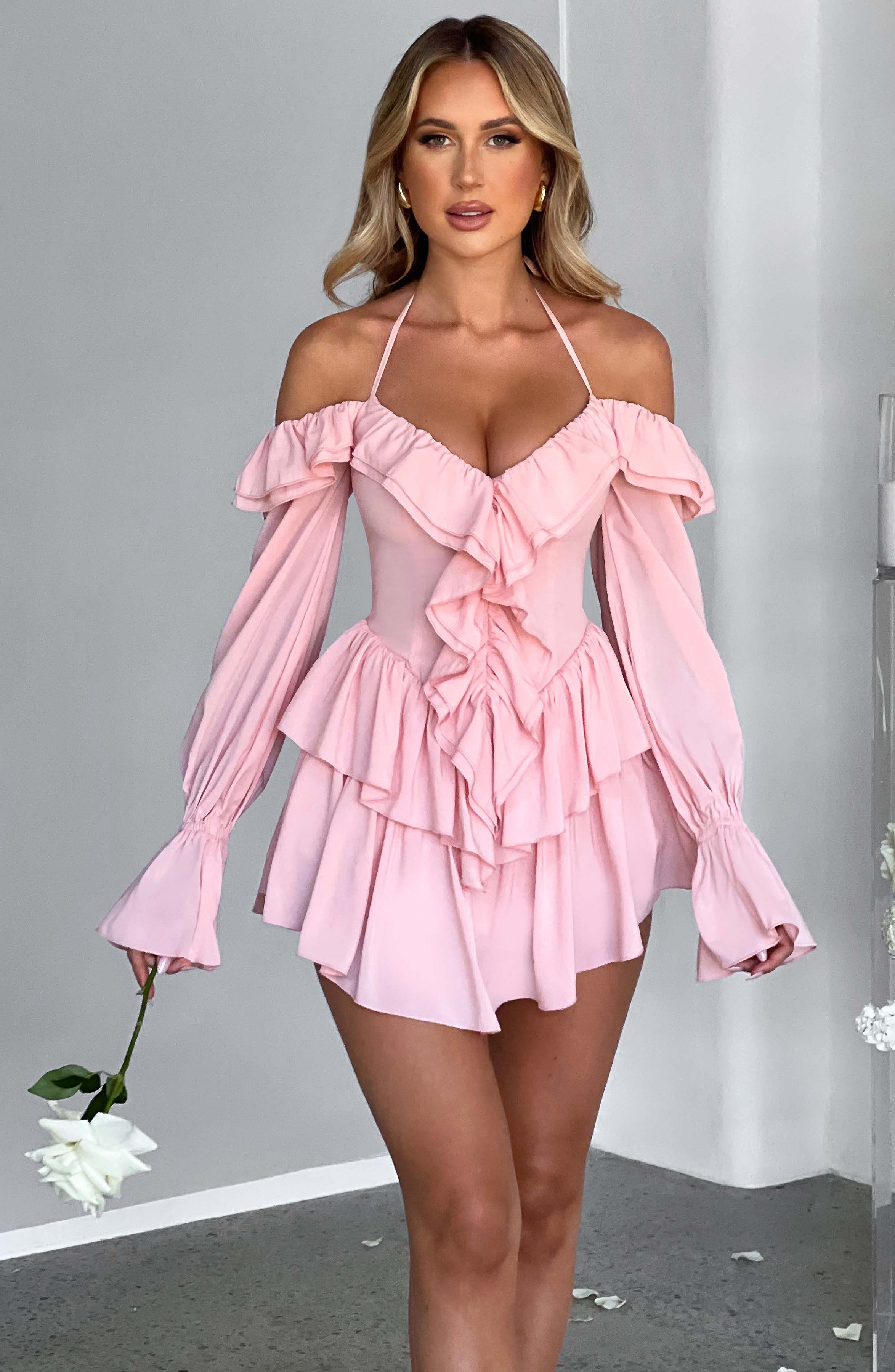 LYON OFF SHOULDER RUFFLE MINI DRESS - Pink