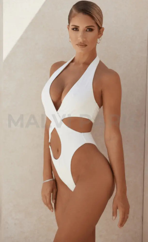 SAVANNAH CROSSOVER HALTER ONE PIECE SWIMSUIT - White - MALVI PARIS