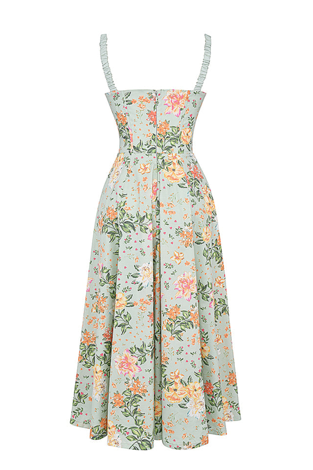 SABRINA LIGHT JADE PRINT BUSTIER SUNDRESS MIDI DRESS  - Green