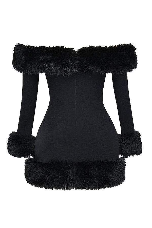 KEILANI Black Long Sleeves Faux Fur Mini Dress - Black