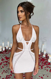 Selini Crochet Knit Cut Out Mini Dress - White Dress