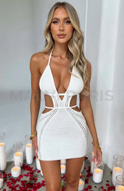 Selini Crochet Knit Cut Out Mini Dress - White Dress