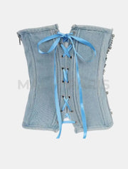 Seraphina Denim Corset Rhinestone Fishnet Bustier Top - Blue