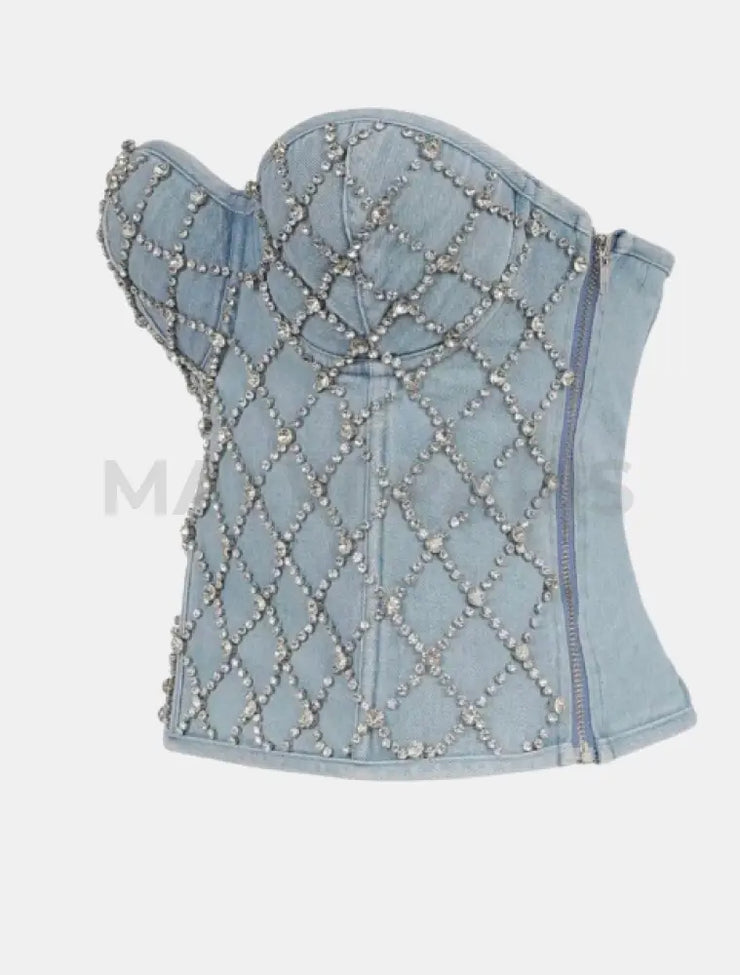 Seraphina Denim Corset Rhinestone Fishnet Bustier Top - Blue