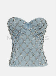 Seraphina Denim Corset Rhinestone Fishnet Bustier Top - Blue