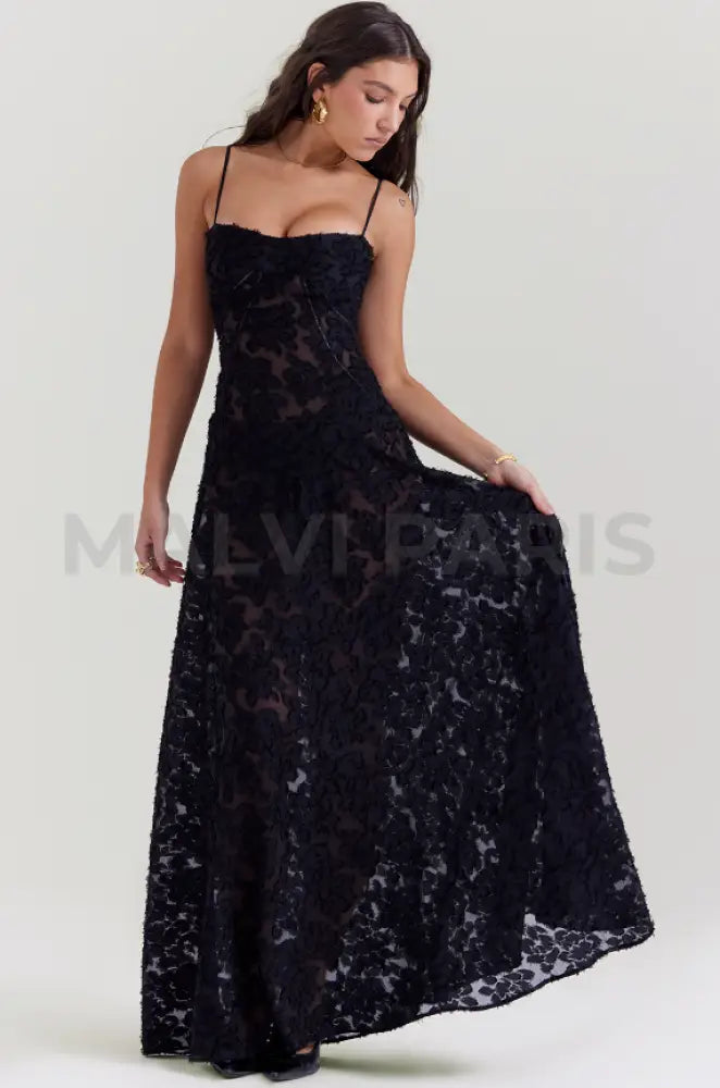 Seren Black Floral Lace Back Maxi Dress - Black