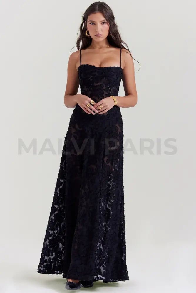 Seren Black Floral Lace Back Maxi Dress - Black