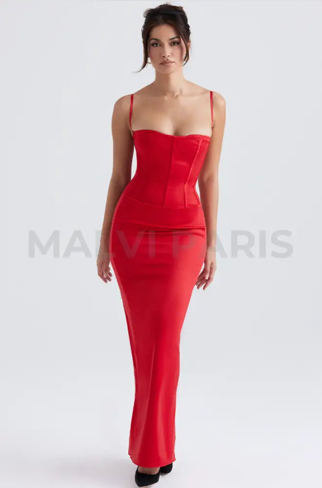 Shani Red Satin Corset Maxi Dress - Red Party Dress