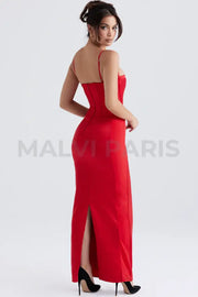 Shani Red Satin Corset Maxi Dress - Red Party Dress