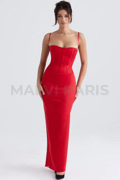 Shani Red Satin Corset Maxi Dress - Red Party Dress