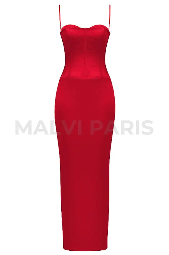 Shani Red Satin Corset Maxi Dress - Red Party Dress