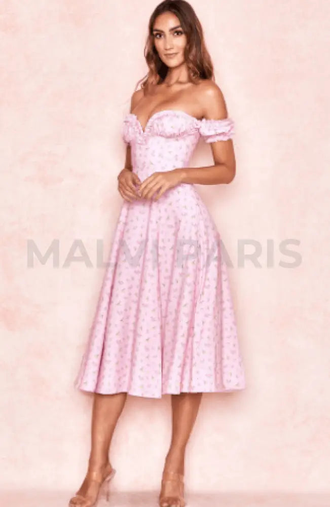 Sia Floral Off Shoulder Long Dress- Pink - MALVI PARIS