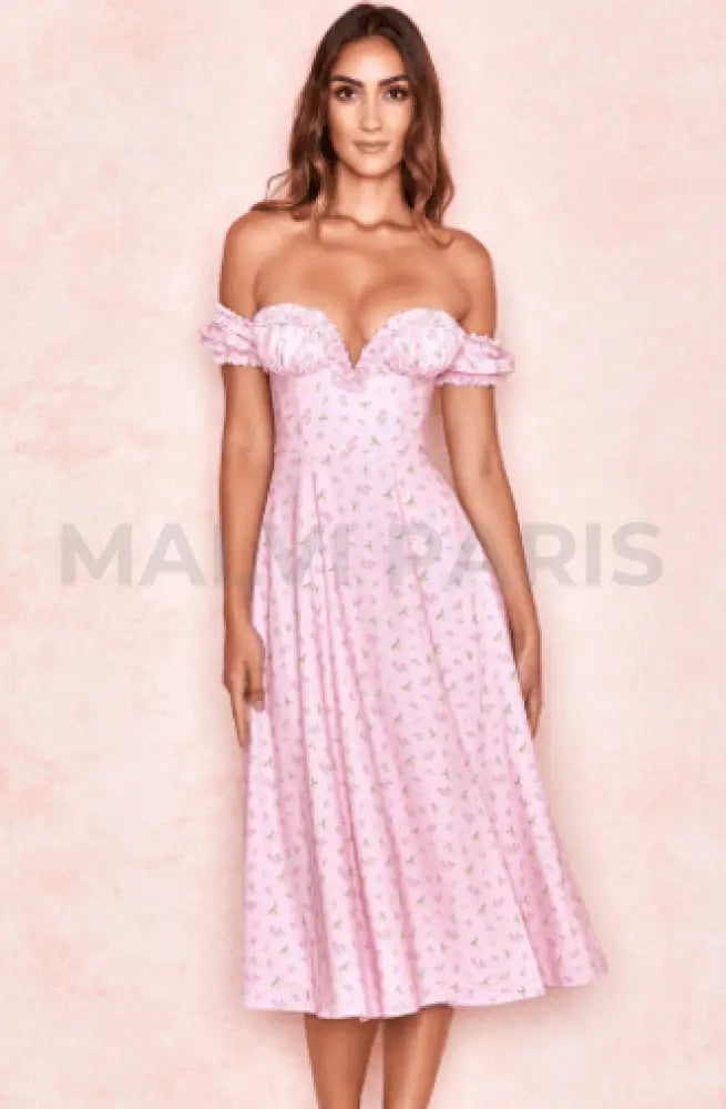 Sia Floral Off Shoulder Long Dress- Pink - MALVI PARIS