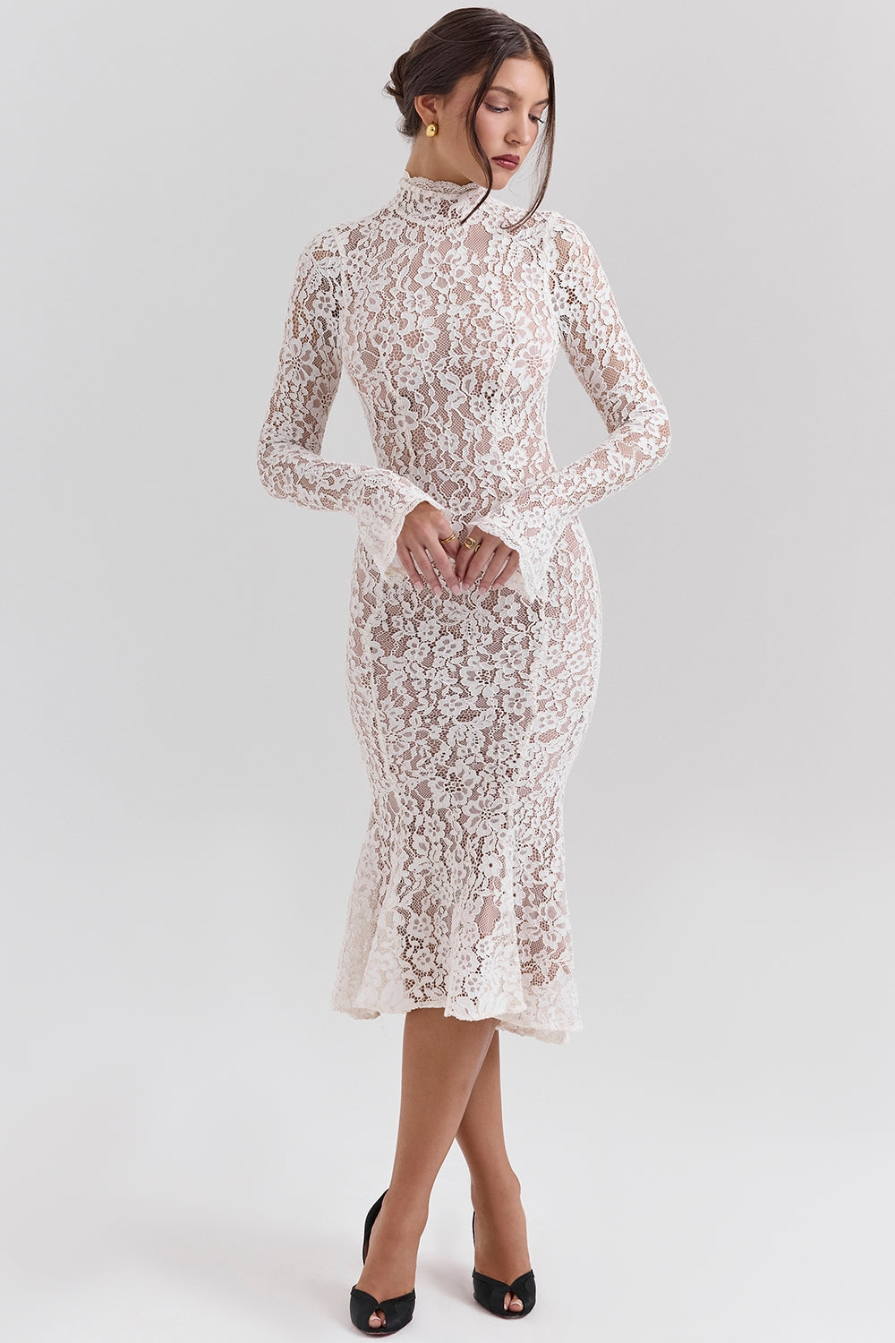 Sophia Vintage Ivory Lace Fitted Midi Dress - Ivory White