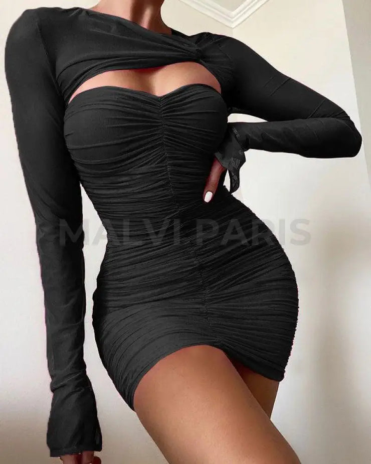 SPICY  Ruched Mesh Twist Front Mini Dress - Black - MALVI PARIS