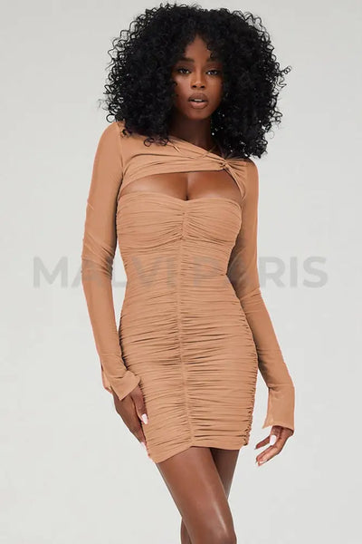 SPICY  Ruched Mesh Twist Front Mini Dress - Brown - MALVI PARIS