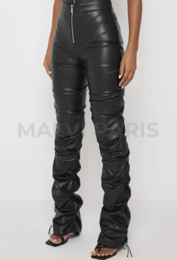 TACKED VEGAN LEATHER FLARED PANTS-BLACK - MALVI PARIS