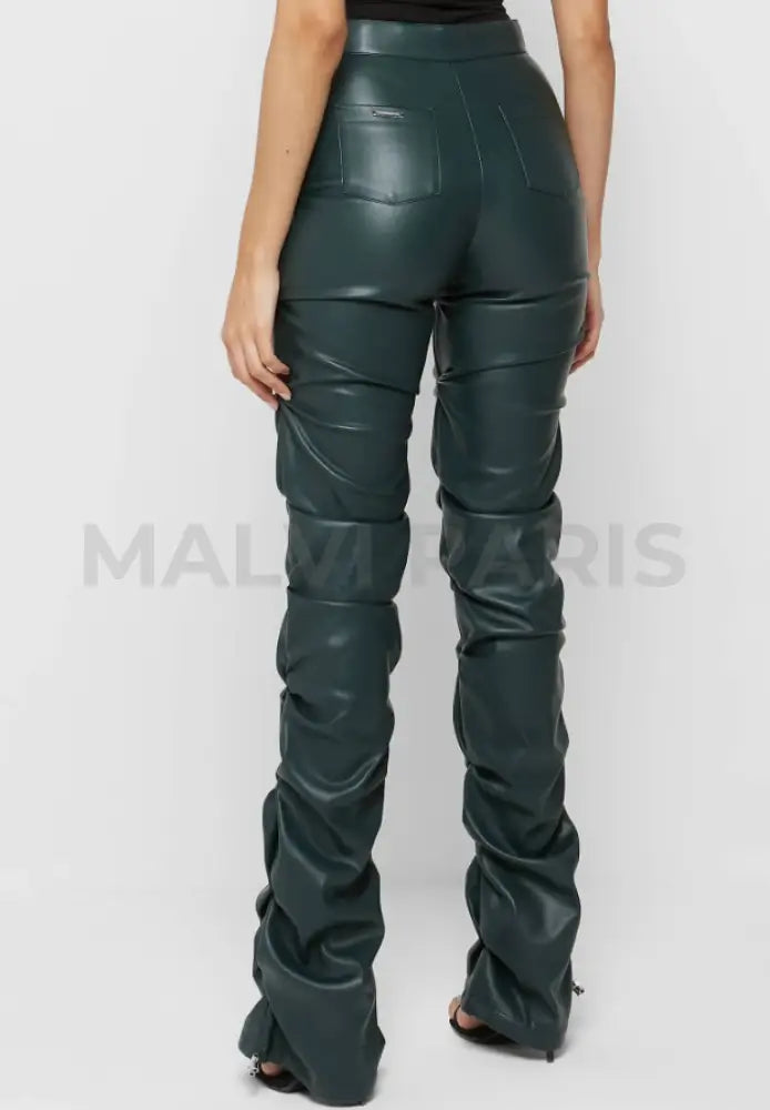 Tacked Vegan Leather Flared Pants - Dark Green Pants