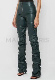 Tacked Vegan Leather Flared Pants - Dark Green Pants