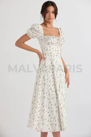 Tallulah Garden Print Puff Sleeve Midi Sundress. - White