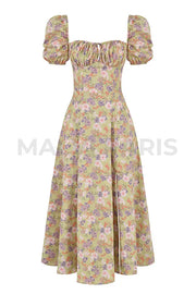 Tallulah Peony Print Floral Puff Sleeve Maxi / Midi Dress - Beige Dresses