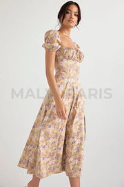 Tallulah Peony Print Floral Puff Sleeve Maxi / Midi Dress - Beige Dresses