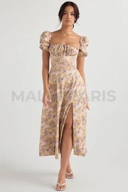 Tallulah Peony Print Floral Puff Sleeve Maxi / Midi Dress - Beige Dresses