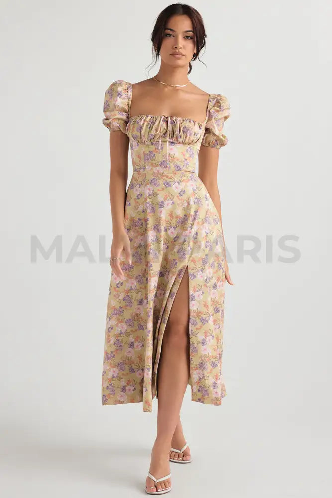 Tallulah Peony Print Floral Puff Sleeve Maxi / Midi Dress - Beige Dresses