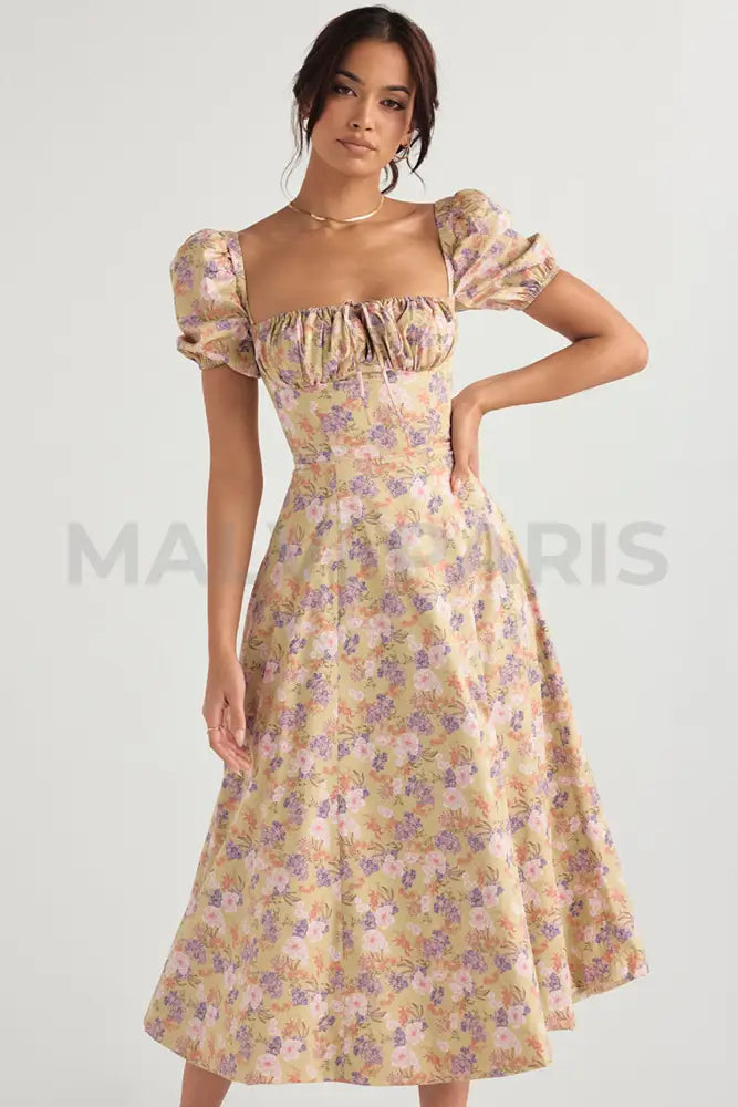 Tallulah Peony Print Floral Puff Sleeve Maxi / Midi Dress - Beige Dresses