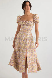 Tallulah Peony Print Floral Puff Sleeve Maxi / Midi Dress - Beige Dresses