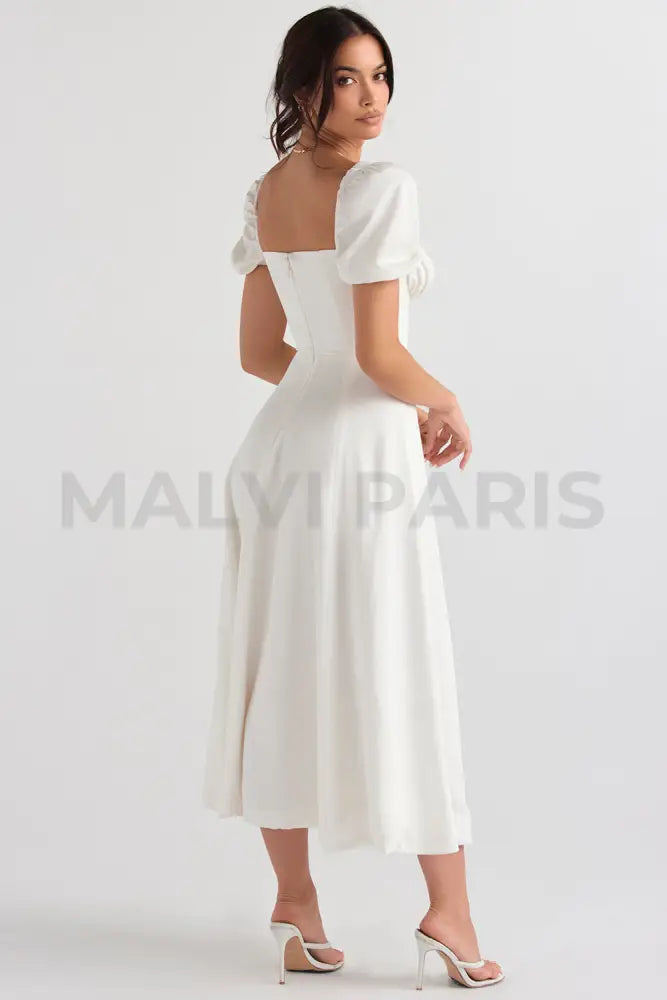 Tallulah White Puff Sleeve Midi Dress - White