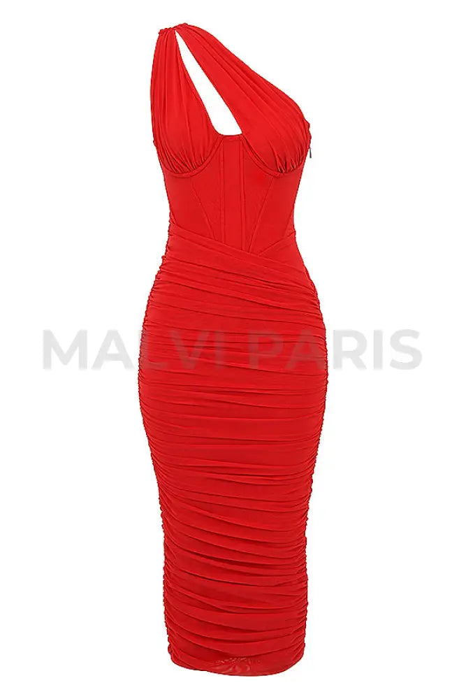 Valentina Scarlet Asymmetric Cutout Midi Dress - Red