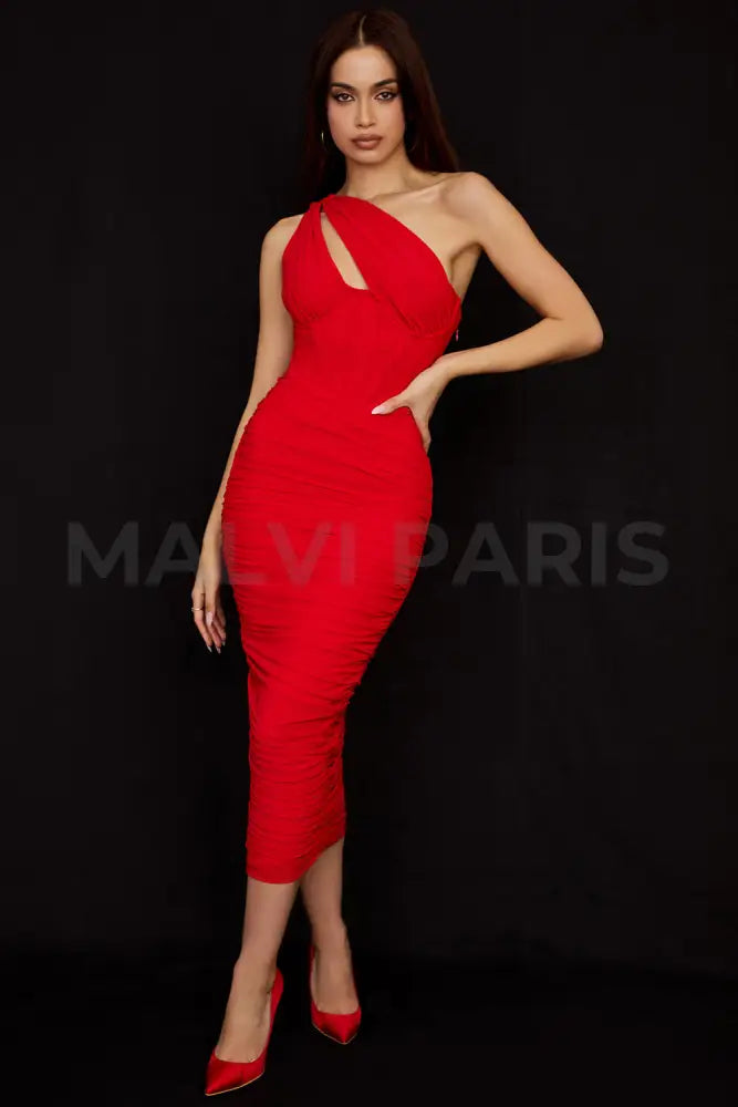 Valentina Scarlet Asymmetric Cutout Midi Dress - Red