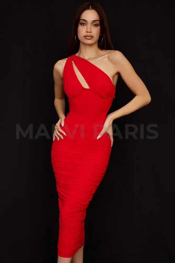 Valentina Scarlet Asymmetric Cutout Midi Dress - Red