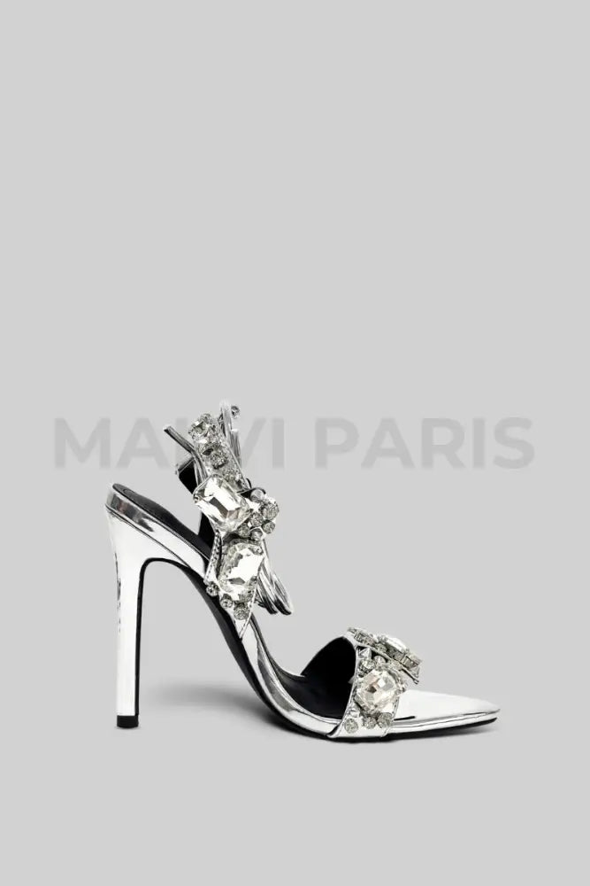 Valira Rhinestone Metallic Crystal Ankle-Tie High Heels Sandals - Silver