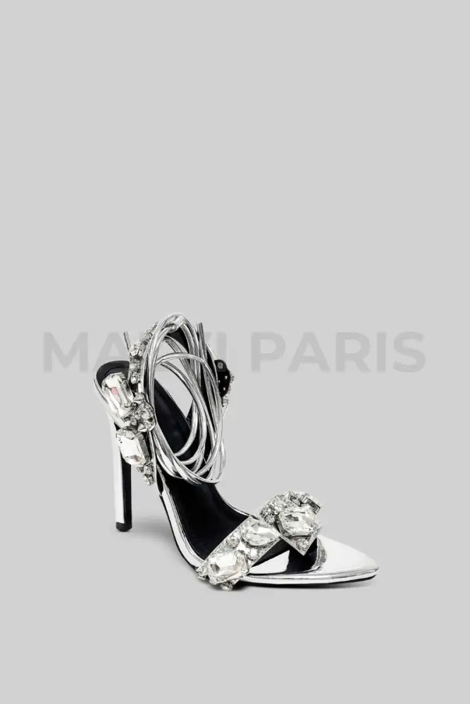 Valira Rhinestone Metallic Crystal Ankle-Tie High Heels Sandals - Silver