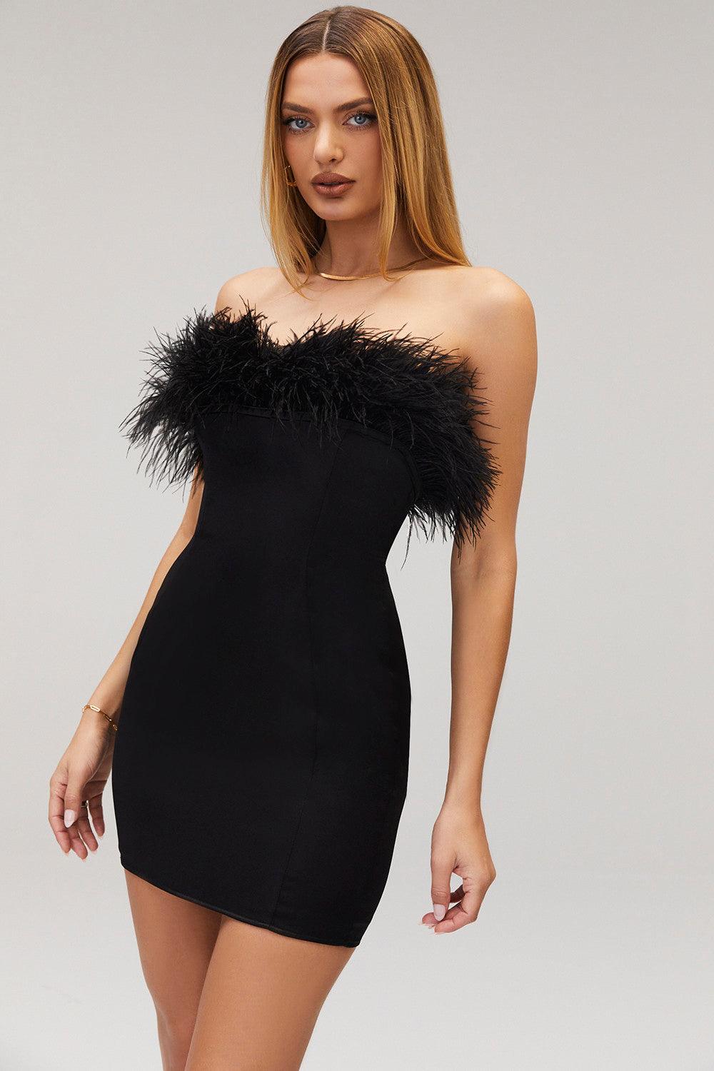 MADDIE Satin Off Shoulder Feather Strapless Mini Dress - Black