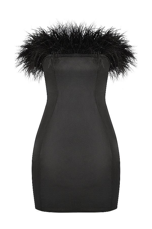 MADDIE Satin Off Shoulder Feather Strapless Mini Dress - Black