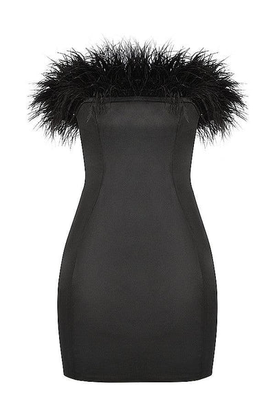 MADDIE Satin Off Shoulder Feather Strapless Mini Dress - Black - MALVI PARIS