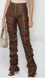 VEGAN LEATHER FLARED PANTS-CHOCOLATE BROWN - MALVI PARIS