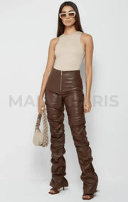 VEGAN LEATHER FLARED PANTS-CHOCOLATE BROWN - MALVI PARIS