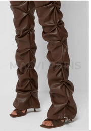 VEGAN LEATHER FLARED PANTS-CHOCOLATE BROWN - MALVI PARIS