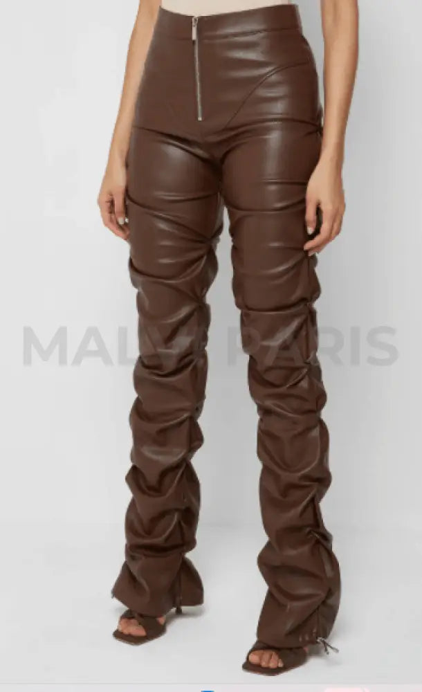 VEGAN LEATHER FLARED PANTS-CHOCOLATE BROWN - MALVI PARIS