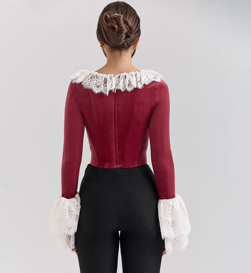 Jacinda Cabernet Velvet Lace Trimmed Corset Top - Dark  Red