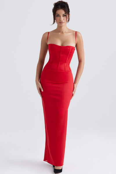 FLORA DARK RED SATIN PLEATED CORSET MAXI DRESS - Red – MALVI PARIS