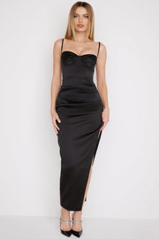 FLORA SATIN PLEATED CORSET MAXI DRESS - Black - MALVI PARIS