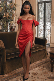 LORETTA SATIN OFF SHOULDER DRESS - Red - MALVI PARIS